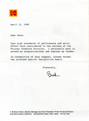 Note of Recognition from Brad