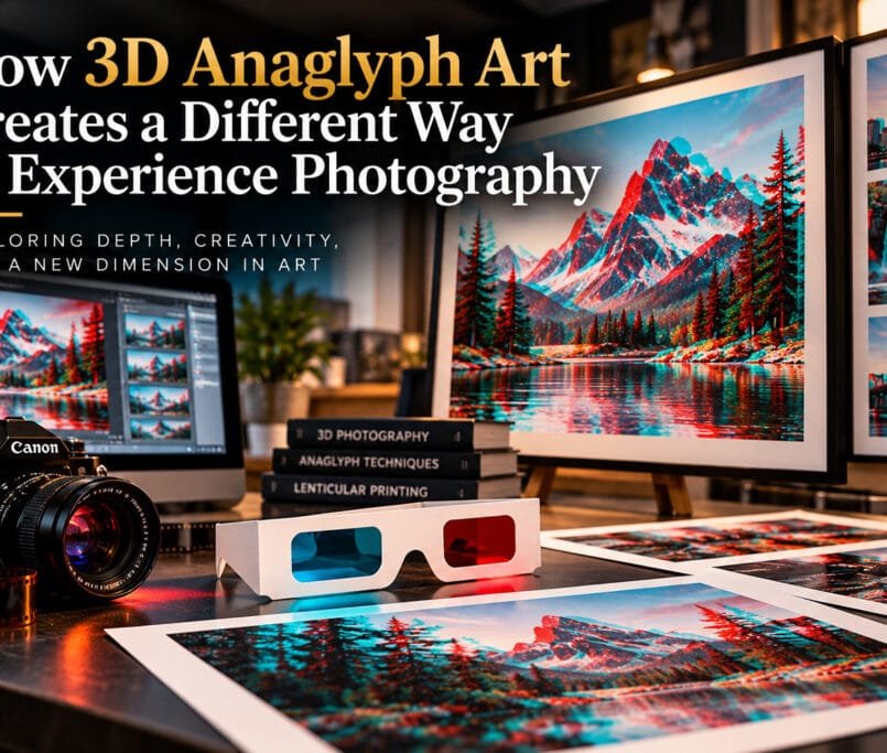 3D anaglyph artwork demonstrating depth through red-cyan imagery
