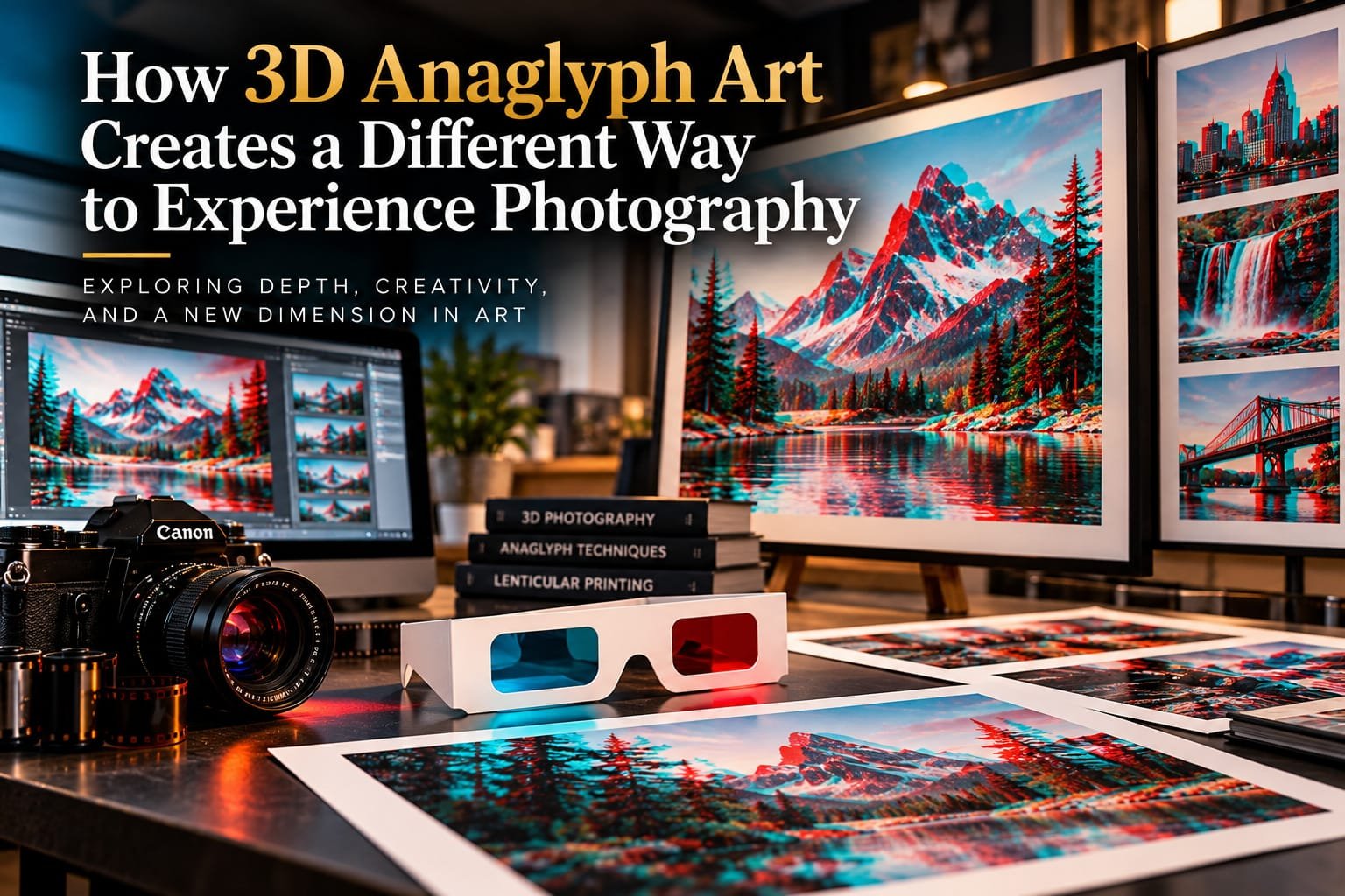 3D anaglyph artwork demonstrating depth through red-cyan imagery